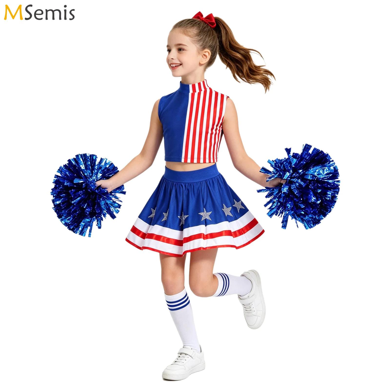 Cheerleading Pom Pom - ชุดเชียร์ลีดเดอร์สำหรับเด็กผู้หญิง ชุดวันประกาศอิสรภาพ เสื้อครอปลายทาง กระโปรงประดับดาวคริสตัล ถุงเท้าพู่ และเครื่องประดับศีรษะ