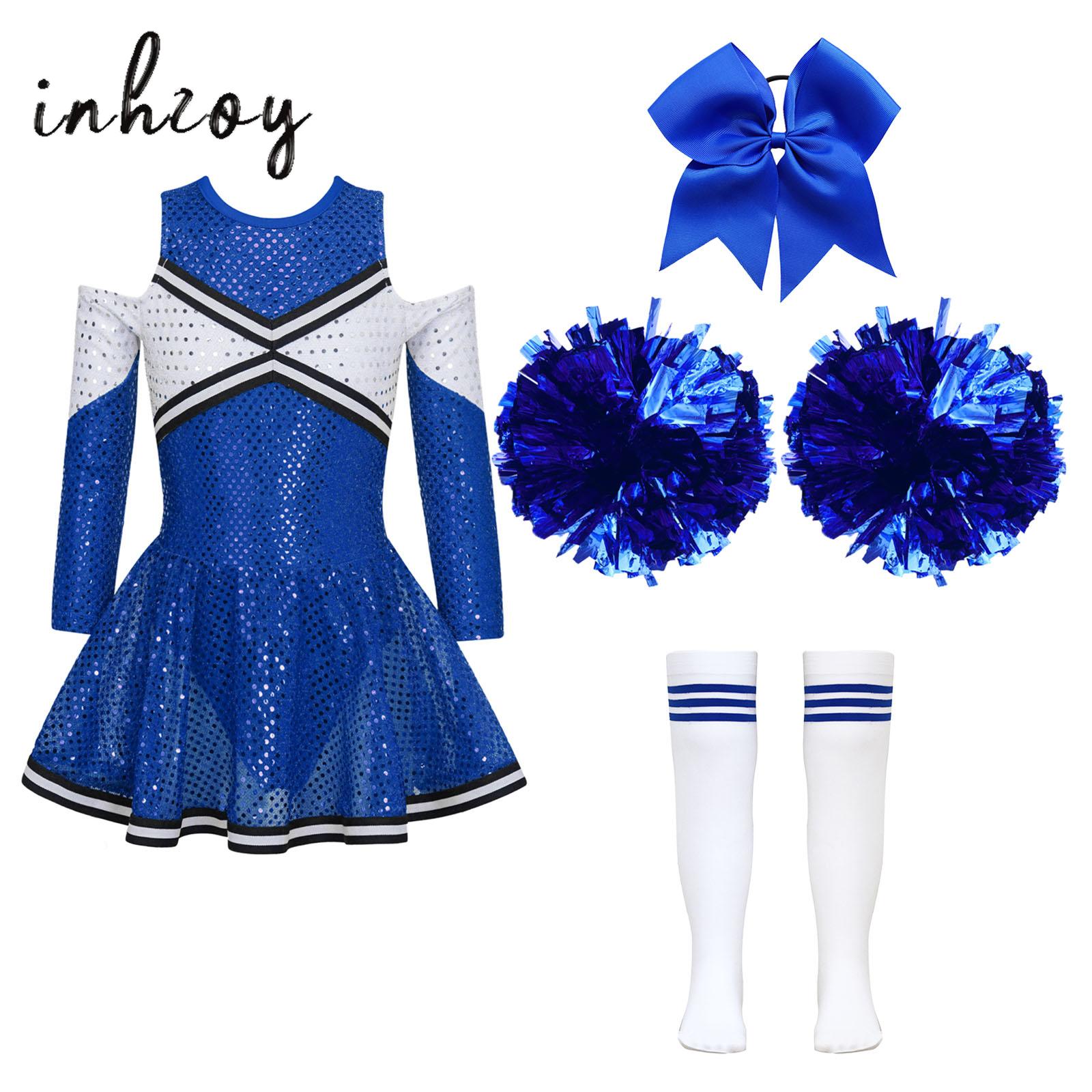 Cheerleading Pom Pom - ชุดเชียร์ลีดเดอร์เด็กผู้หญิงชุดฮาโลวีนชุดเต้นรำเชียร์ลีดเดอร์ชุดเดรสแต่งเลื่อมฮาโลวีนพร้อมปอมปอมโบว์ผมคลิปหนีบถุงเท้า