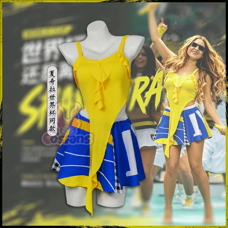 Cheerleading Pom Pom - ชุดเชียร์ลีดเดอร์เซ็กซี่ เสื้อครอปสีเหลือง กระโปรงจีบสีน้ำเงิน พร้อมพู่ห้อย สำหรับฮาโลวีน สไตล์เชียร์ลีดเดอร์แบบเดียวกับชุดของ